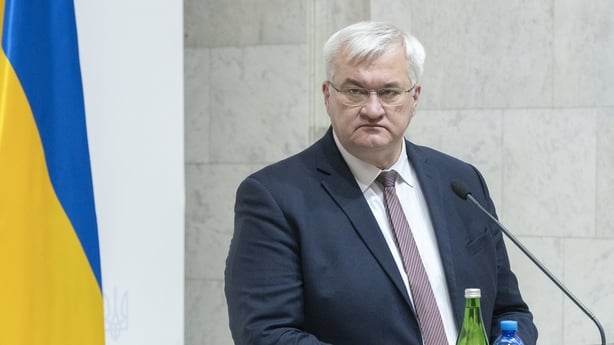 Ukrainian Foreign Minister Andrii Sybiha speaks during a joint press conference with his Estonian counterpart