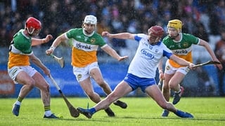 8 February 2026; Calum Lyons of Waterford in action against Eoghan Cahill of Offaly during the Allianz Hurling League Division 1A match between Waterford and Offaly at Azzuri Walsh Park in Waterford. Photo by Shauna Clinton/Sportsfile