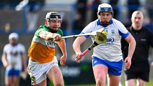8 February 2026; Stephen Bennett of Waterford is tackled by Dan Ravenhill of Offaly during the Allianz Hurling League Division 1A match between Waterford and Offaly at Azzuri Walsh Park in Waterford. Photo by Shauna Clinton/Sportsfile