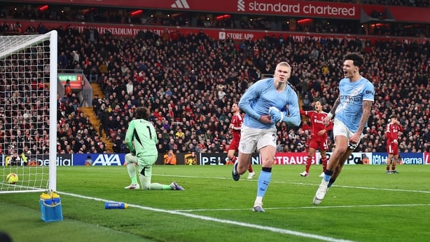 Erling Haaland of Manchester City celebrates after scoring a goal to make it 1-2 during the Premier League match between Liverpool and Manchester City at Anfield on February 8, 2026 in Liverpool, United Kingdom. (Photo by Robbie Jay Barratt - AMA/Getty Images)