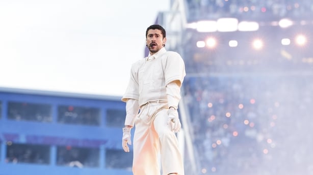 SANTA CLARA, CALIFORNIA - FEBRUARY 08: Musician Bad Bunny performs during the Apple Music halftime show at the NFL Super Bowl LX football game between the Seattle Seahawks and New England Patriots at Levi Stadium on February 8, 2026 in Santa Clara, California. (Photo by Todd Rosenberg/Getty Images)