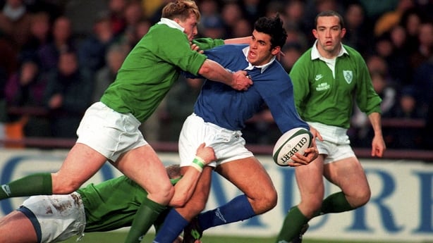 4 January 1997; Paolo Vaccari of Italy is tackled by Eric Miller and David Corkery of Ireland during the International Rugby match between Ireland and Italy at Lansdowne Road in Dublin. Photo by Brendan Moran/Sportsfile