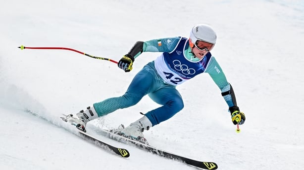 Ireland's Cormac Comerford competes in the men's super-G alpine skiing event during the Milano Cortina 2026 Winter Olympic Games at the Stelvio Ski Centre in Bormio (Valtellina) on February 11, 2026. (Photo by Fabrice COFFRINI / AFP)