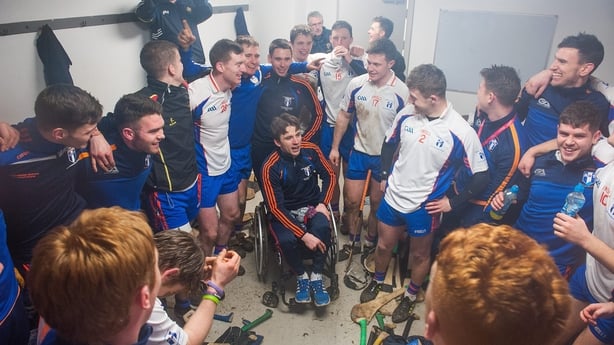 27 February 2016; Jamie Wall, Mary Immaculate College Limerick, celebrates with team mates in the dressing room after the game. Independent.ie Fitzgibbon Cup Final, Mary Immaculate College Limerick v University of Limerick, Cork IT, Cork. Picture credit: E�in Noonan / SPORTSFILE