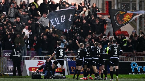 Dundalk players celebrate Gbemi Arubi's goal against Derry City - Premier Division, February 2026