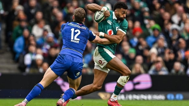 14 February 2026; Robert Baloucoune of Ireland in action against Leonardo Marin of Italy during the Guinness 6 Nations Rugby Championship match between Ireland and Italy at the Aviva Stadium in Dublin. Photo by Ramsey Cardy/Sportsfile