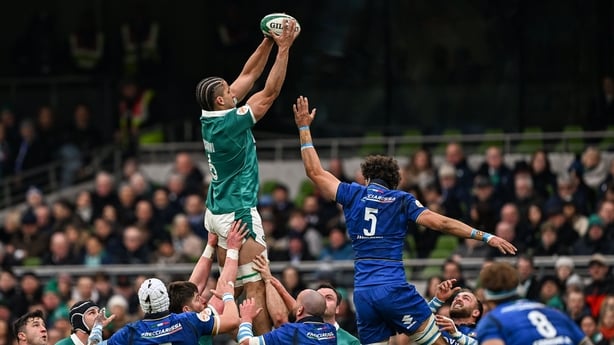 14 February 2026; Cormac Izuchukwu of Ireland takes possession in a line-out ahead of Andrea Zambonin of Italy during the Guinness 6 Nations Rugby Championship match between Ireland and Italy at the Aviva Stadium in Dublin. Photo by Ramsey Cardy/Sportsfile