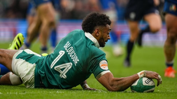 Robert Baloucoune of Ireland dives over to score his side's third try during the Guinness 6 Nations Rugby Championship match between Ireland and Italy at the Aviva Stadium in Dublin