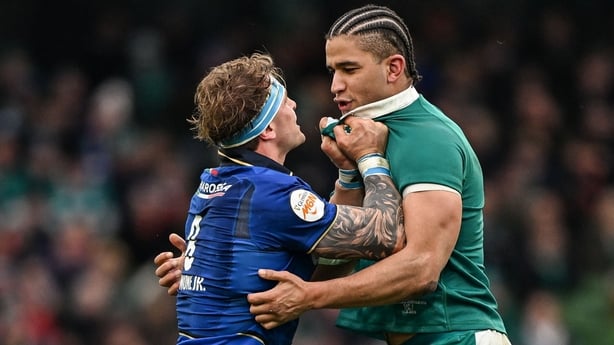 14 February 2026; Cormac Izuchukwu of Ireland tussels with Lorenzo Cannone of Italy during the Guinness 6 Nations Rugby Championship match between Ireland and Italy at the Aviva Stadium in Dublin. Photo by Ramsey Cardy/Sportsfile