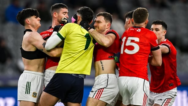 14 February 2026; Players from both sides tussle, inside ten seconds, during the Allianz Football League Division 2 match between Meath and Louth at Croke Park in Dublin. Photo by Ray McManus/Sportsfile