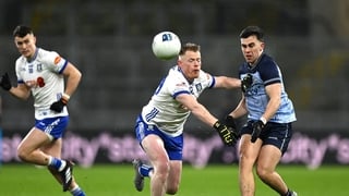 14 February 2026; Lorcan O’Dell of Dublin in action against Cameron Dowd of Monaghan during the Allianz Football League Division 1 match between Dublin and Monaghan at Croke Park in Dublin. Photo by David Fitzgerald/Sportsfile