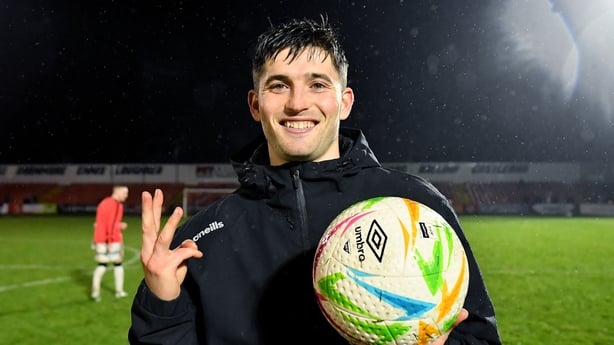 14 February 2026; Colm Whelan of Bohemians celebrates with the match ball, after scoring a hat-trick, after the SSE Airtricity Men's Premier Division match between Sligo Rovers v Bohemians at The Showgrounds in Sligo. Photo by Tom Beary/Sportsfile