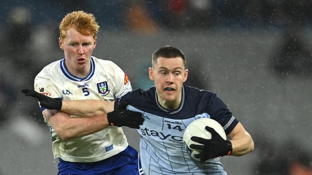 14 February 2026; Con O'Callaghan of Dublin in action against Ryan O'Toole of Monaghan during the Allianz Football League Division 1 match between Dublin and Monaghan at Croke Park in Dublin. Photo by Philip Fitzpatrick/Sportsfile