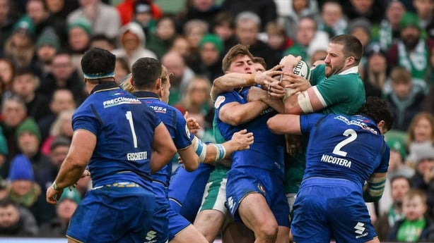 14 February 2026; Stuart McCloskey of Ireland makes a turnover during the Guinness 6 Nations Rugby Championship match between Ireland and Italy at the Aviva Stadium in Dublin. Photo by Brendan Moran/Sportsfile