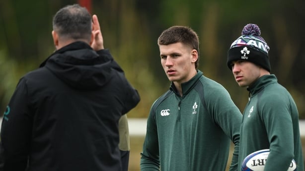 29 January 2026; Ireland head coach Andy Farrell with Sam Prendergast and Jack Crowley, right, during an Ireland Rugby squad training session at The Campus in Quinta do Lago, Portugal. Photo by Brendan Moran/Sportsfile