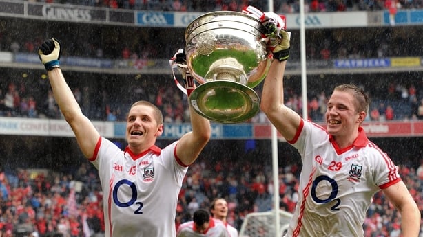 Cork's Daniel Goulding and Colm O'Neill lift the Sam Maguire in 2010 