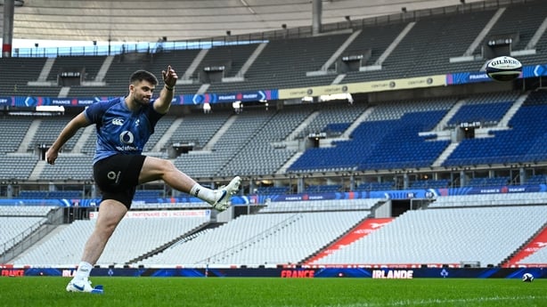 4 February 2026; Harry Byrne practices his goalkicking during the Ireland rugby squad captain's run at Stade de France in Paris, France. Photo by Brendan Moran/Sportsfile