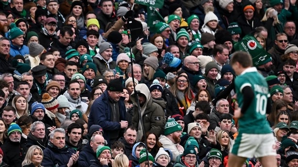 Dublin , Ireland - 14 February 2026; Supporters watch as Ireland's Sam Prendergast leaves the pitch during a substitution during the Guinness 6 Nations Rugby Championship match between Ireland and Italy at the Aviva Stadium in Dublin. (Photo By Seb Daly/Sportsfile via Getty Images)