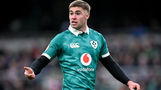 14 February 2026; Jack Crowley of Ireland during the Guinness 6 Nations Rugby Championship match between Ireland and Italy at the Aviva Stadium in Dublin. Photo by Ramsey Cardy/Sportsfile