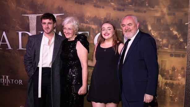 (L-R) Paul Mescal, Dearbhla Mescal, Nell Mescal, and Paul Mescal Sr attend the Gladiator II Dublin Premiere at the Light House Cinema on 7 November, 2024 in Dublin