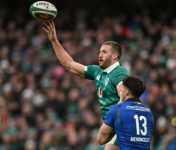 Dublin , Ireland - 14 February 2026; Stuart McCloskey of Ireland in action against Tommaso Menoncello of Italy during the Guinness 6 Nations Rugby Championship match between Ireland and Italy at the Aviva Stadium in Dublin. (Photo By Brendan Moran/Sportsfile via Getty Images)