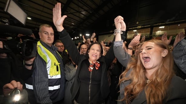 Sinn Féin leader Mary Lou McDonald celebrates after being elected on the third count at the election count centre at the RDS