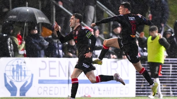 20 February 2026; Dawson Devoy of Bohemians celebrates with team-mate Dayle Rooney, right, after scoring their side's first goal during the SSE Airtricity Men's Premier Division match between Derry City and Bohemians at The Ryan McBride Brandywell Stadium in Derry. Photo by Stephen McCarthy/Sportsfi