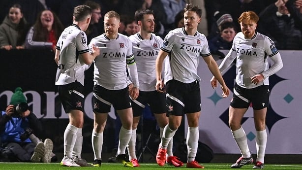 20 February 2026; Dundalk players, including goalscorer Danny Mullen, centre, celebrate after their first goal during the SSE Airtricity Men's Premier Division match between Dundalk and Drogheda United at Oriel Park in Dundalk, Louth. Photo by Ben McShane/Sportsfile