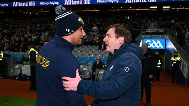 21 February 2026; Dublin manager Niall Ó Ceallacháin with Wexford manager Keith Rossiter after the Allianz Hurling League Division 1B match between Dublin and Wexford at Croke Park in Dublin. Photo by David Fitzgerald/Sportsfile