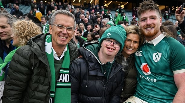 21 February 2026; Joe McCarthy of Ireland with his family, from left, father Joe, brother Andrew, and mother Paula, after the Guinness 6 Nations Rugby Championship match between England and Ireland at the Allianz Stadium in Twickenham, England. Photo by Brendan Moran/Sportsfile