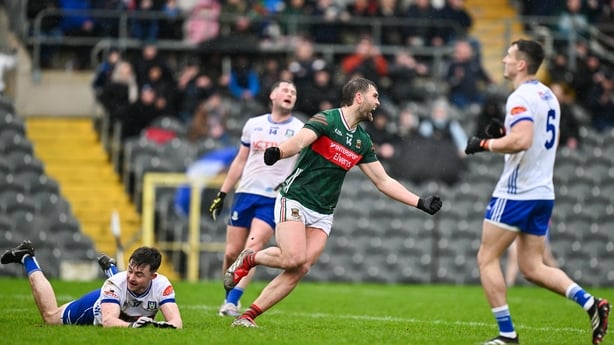 22 February 2026; Aidan O'Shea of Mayo celebrates after scoring his side's first goal during the Allianz Football League Division 1 match between Monaghan and Mayo at St Tiernach's Park in Clones, Monaghan. Photo by Sam Barnes/Sportsfile
