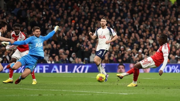 Eberechi Eze of Arsenal scores a goal to make it 1-3 during the Premier League match between Tottenham Hotspur and Arsenal at Tottenham Hotspur Stadium on February 22, 2026 in London, England. (Photo by Catherine Ivill - AMA/Getty Images)
