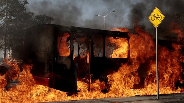 A bus set alight in Jalisco