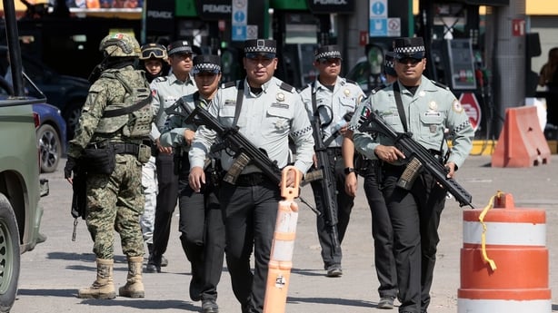 National Guard personnel arrive at the interior area of Guadalajara International Airport