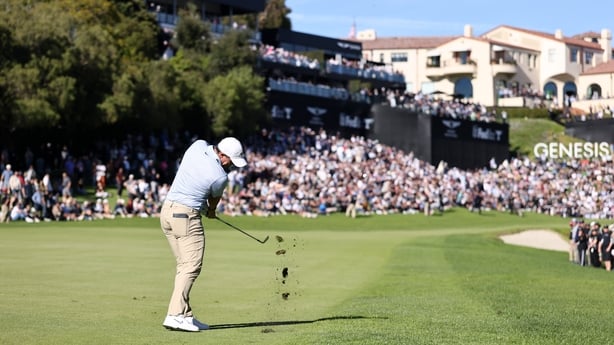 PACIFIC PALISADES, CALIFORNIA - FEBRUARY 22: Rory McIlroy of Northern Ireland plays a shot on the 18th hole during the final round of The Genesis Invitational 2026 at Riviera Country Club on February 22, 2026 in Pacific Palisades, California. (Photo by Mike Mulholland/Getty Images)