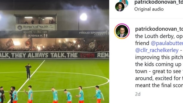A still from Minister for Sport Patrick O'Donovan's Instagram reel during the Louth derby.