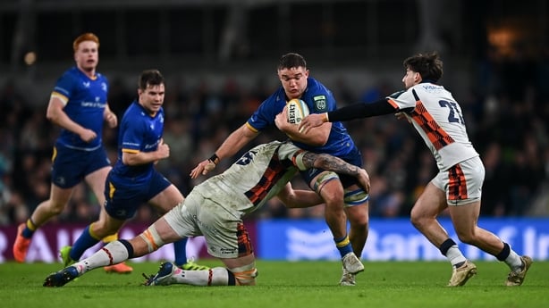 31 January 2026; Scott Penny of Leinster is tackled by Glen Young, left, and Charlie Shiel of Edinburgh during the United Rugby Championship match between Leinster and Edinburgh at the Aviva Stadium in Dublin. Photo by Tyler Miller/Sportsfile