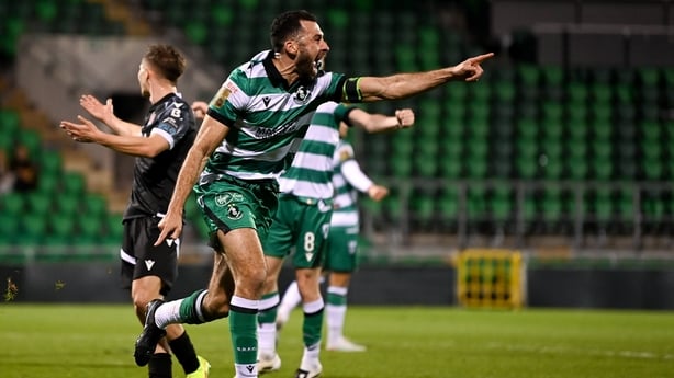 23 February 2026; Roberto Lopes of Shamrock Rovers celebrates after scoring his side's first goal during the SSE Airtricity Men's Premier Division match between Shamrock Rovers and Dundalk at Tallaght Stadium in Dublin. Photo by Stephen McCarthy/Sportsfile