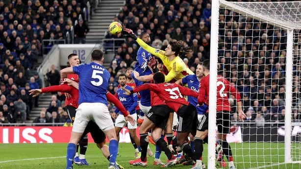 Senne Lammens of Manchester United clears the ball during the Premier League match between Everton and Manchester United at the Hill Dickinson Stadium on February 23, 2026 in Liverpool, England.