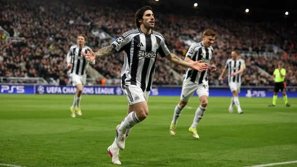 NEWCASTLE UPON TYNE, ENGLAND - FEBRUARY 24: Sandro Tonali of Newcastle United celebrates scoring his team's first goal during the UEFA Champions League 2025/26 League Knockout Play-off Second Leg match between Newcastle United FC and Qarabag FK at St James' Park on February 24, 2026 in Newcastle upo