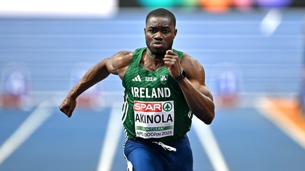 8 March 2025; Bori Akinola of Ireland competes in the men's 60m heats during day three of the European Athletics Indoor Championships 2025 at the Omnisport Apeldoorn in Apeldoorn, Netherlands. Photo by Sam Barnes/Sportsfile