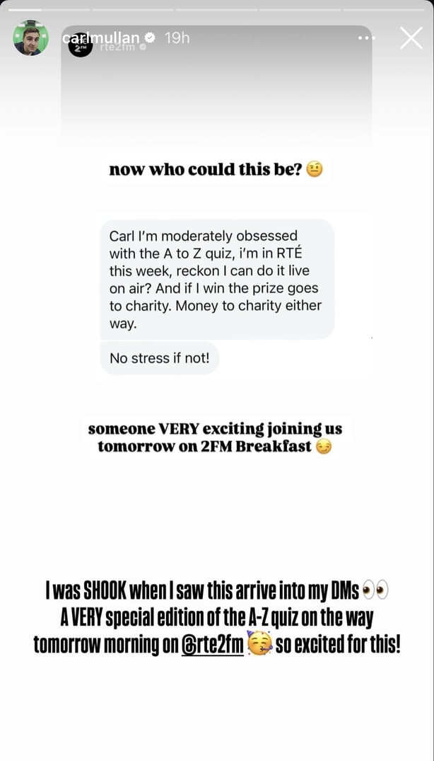 A screen shot from Carl Mullan's Instagram story showing a text message from a mystery person