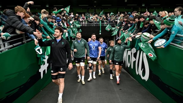 26 February 2026; The Ireland team, led by captain Caelan Doris, make their way to the the pitch before an Ireland Rugby open training session at the Aviva Stadium in Dublin. Photo by Brendan Moran/Sportsfile