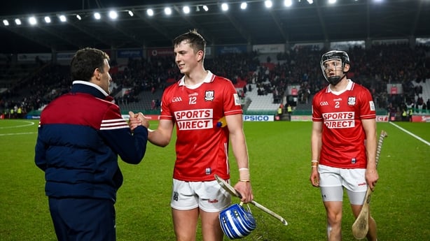 7 February 2026; Cork manager Ben O'Connor with Diarmuid Healy, 12, and Ger Millerick of Cork after the Allianz Hurling League Division 1A match between Cork and Tipperary at SuperValu Páirc Ui Chaoimh in Cork. Photo by Ray McManus/Sportsfile