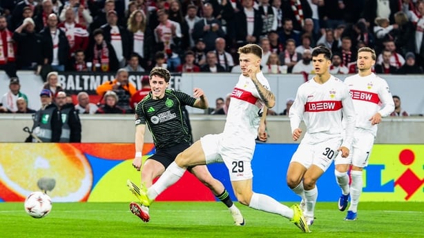 STUTTGART, GERMANY - FEBRUARY 26: Celtic's Luke McCowan scores to make it 1-0 during a UEFA Europa League 2025/26 Play-Off Second Leg match between VfB Stuttgart and Celtic at the MHPArena, on February 26, 2026, in Stuttgart, Germany. (Photo by Craig Williamson/SNS Group via Getty Images)