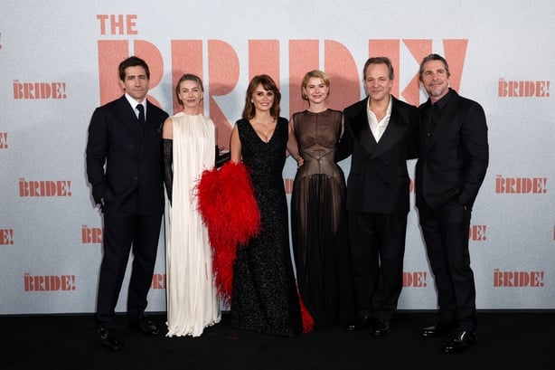 LONDON, ENGLAND - FEBRUARY 26: (L-R) Jake Gyllenhaal, Julianne Hough, Penélope Cruz, Director Maggie Gyllenhaal, Jessie Buckley, Peter Sarsgaard and Christian Bale attend the World Premiere of "THE BRIDE!" in London's Leicester Square. at Cineworld Leicester Square on February 26, 2026 in London, En