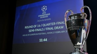 This photograph shows the UEFA Champions League Cup ahead of the 2025-2026 UEFA Champions League round of 16, quarter-final and semi-final draw at the House of European Football in Nyon, western Switzerland on February 27, 2026.