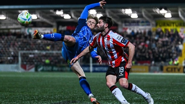 Waterford's Jorgen Voilas challenges Brandon Fleming of Derry City