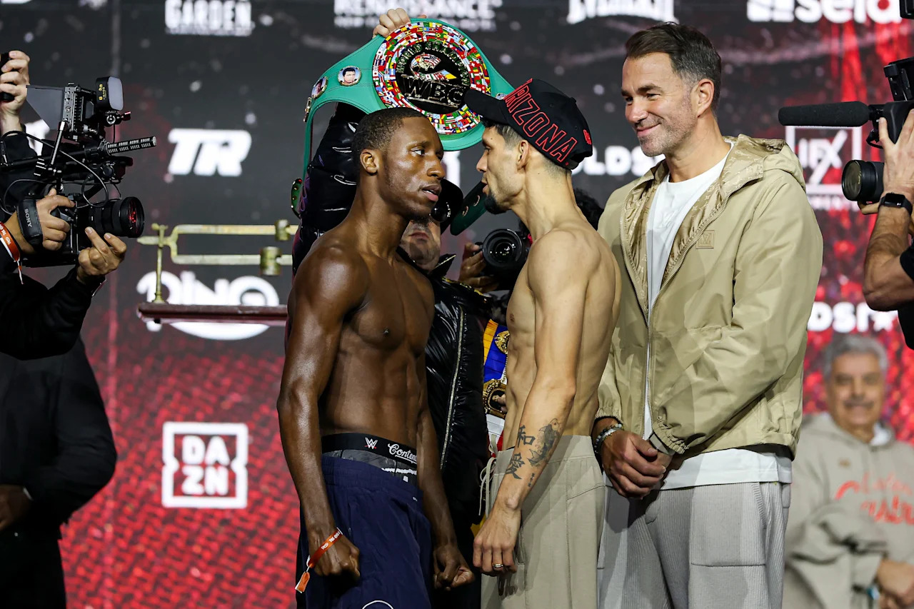 NEW YORK, NEW YORK - JANUARY 30: Bruce Carrington and Carlos Castro face off for the WBC Featherweight World Title during the Ring 6 weigh in at The Theater at Madison Square Garden on January 30, 2026 in New York City. (Photo by Ishika Samant/Getty Images)