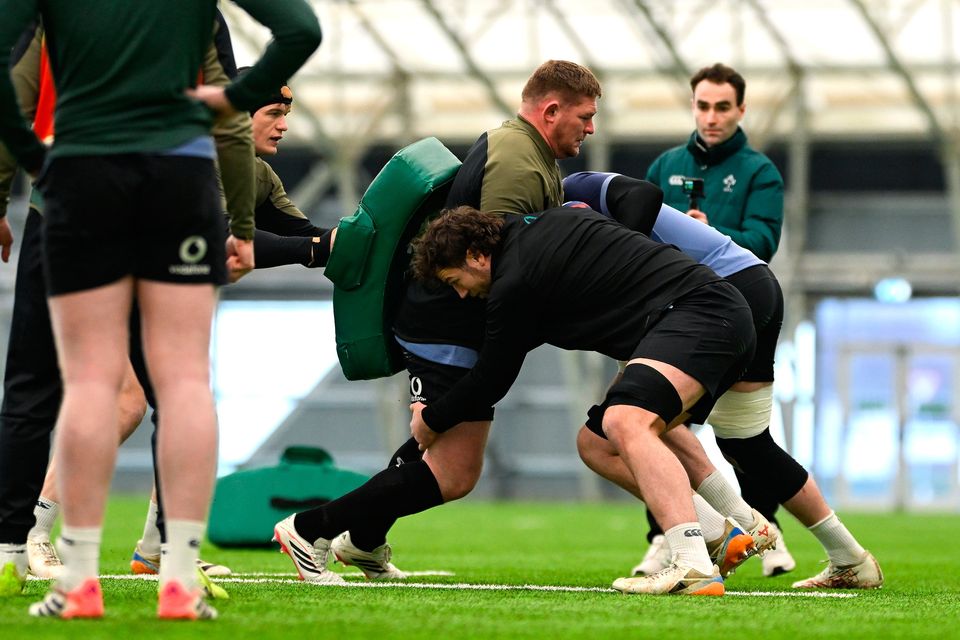 Tadhg Furlong and Caelan Doris during an Ireland training session at the IRFU High Performance Centre yesterday. Photo: Brendan Moran/Sportsfile